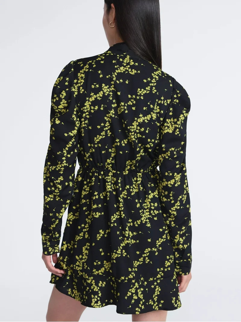 Scoop Women’s Tie Neck Mini Dress with Ruched Sleeves, Sizes XS-XXL | Walmart (US)