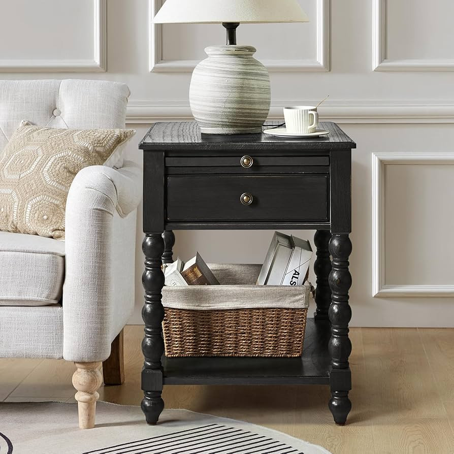 HULALA HOME Farmhouse End Table with Charging Station, Solid Wood Nightstand with Drawer Shelf, S... | Amazon (US)