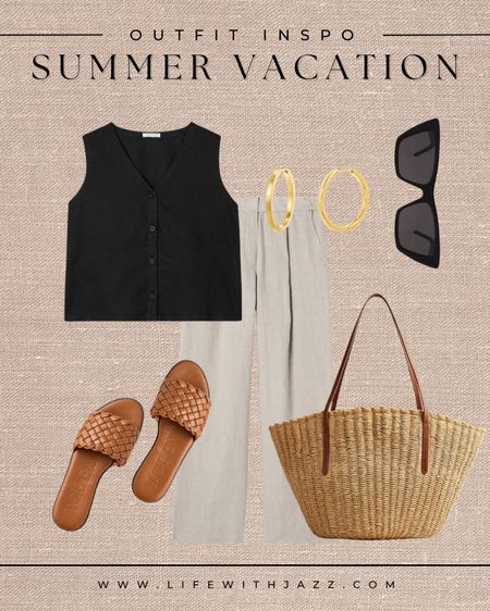 Chic summer vacation outfit inspo 🖤 

Linen / black top / beige linen pants / gold hoop earrings / sunglasses / sandals / straw tote / chic / European vacation / tropical weather / warm weather 

#LTKSeasonal #LTKstyletip
