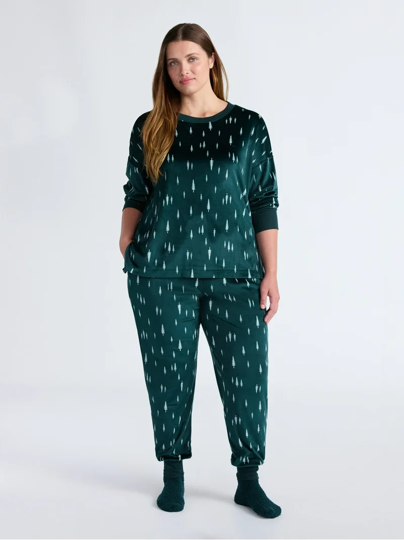 Joyspun Women’s Stretch Velour Long Sleeve Top, Pants, and Socks Pajama Set, 3-Piece, Sizes XS-... | Walmart (US)