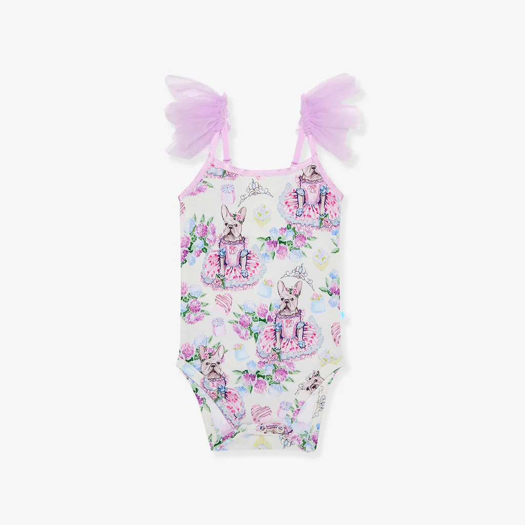 Frenchie Purple Spaghetti Strap Baby Bodysuit | Posh Frenchie | Posh Peanut