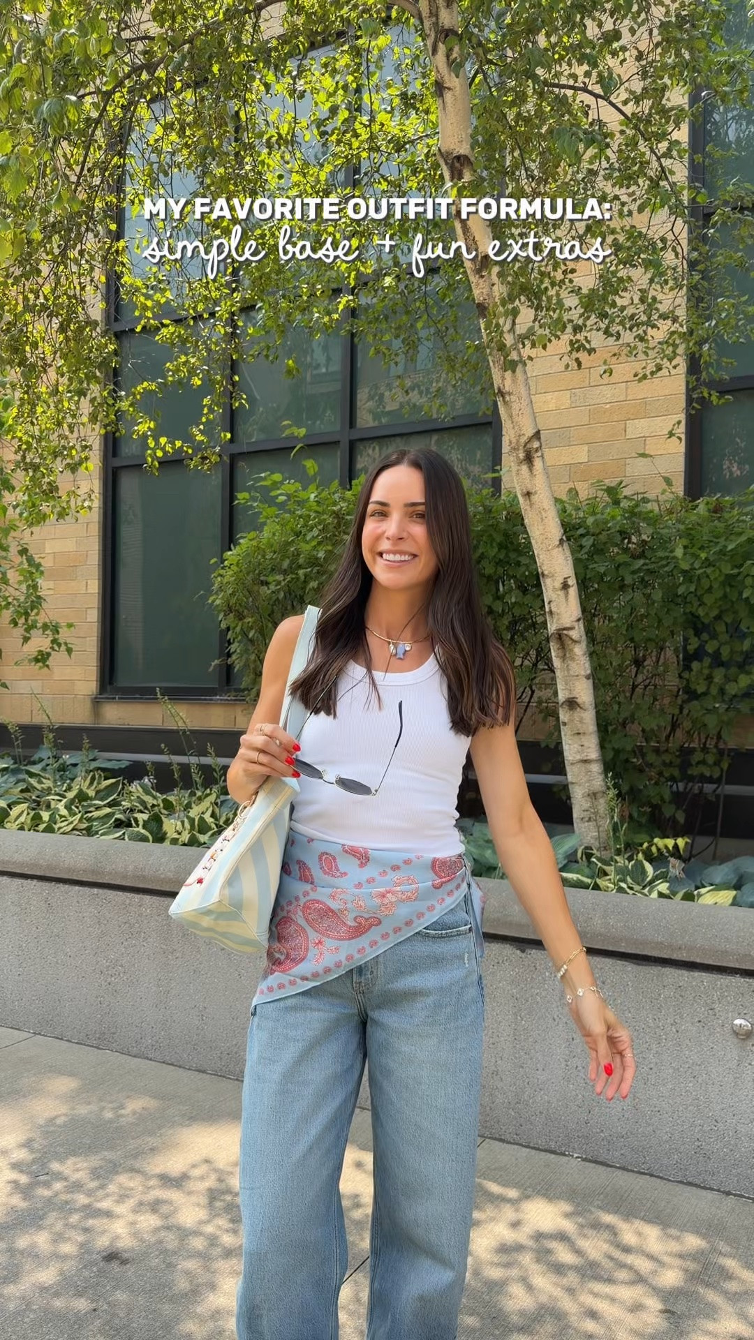 Outfit details 🩵
Tank: true to size (S)
Jeans: true to size (26L) 5’7” 
Sandals: true to size 

Scarf belt outfit / simple outfit ideas / statement accessories / late summer outfit ideas / bandana scarf / @abercrombie @J.Crew @Fifth & Ninth Eyewear

#LTKSaleAlert #LTKootd #LTKmomlife