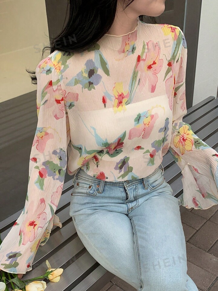 DAZY Floral Print Mock Neck Sheer Blouse | SHEIN