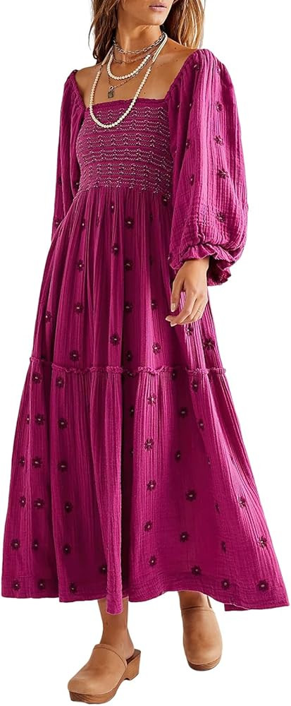 Womens Puff Sleeve Dress Cottagecore Floral Print Flowy Square Neck Maxi Dresses Smocked Tiered R... | Amazon (US)