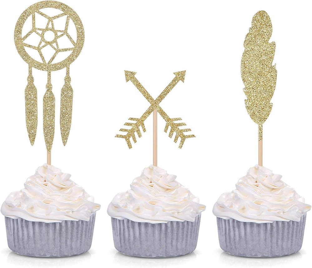 24 Counts Gold Glitter Boho Cupcake Toppers Arrow Feather Dreamcatcher Decorations for Baby Showe... | Amazon (US)