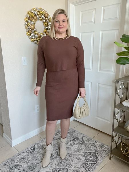 Two piece lightweight sweater dress set. Fits true to size. I’m in the large. Booties fit TTS. Fall fashion  

#LTKmidsize #LTKover40 #LTKworkwear