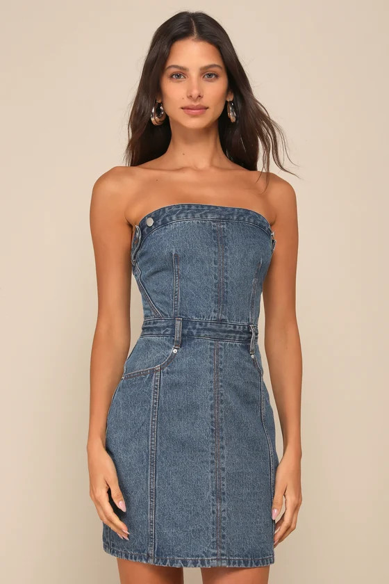 Iconic Spirit Medium Wash Denim Strapless Mini Dress | Lulus