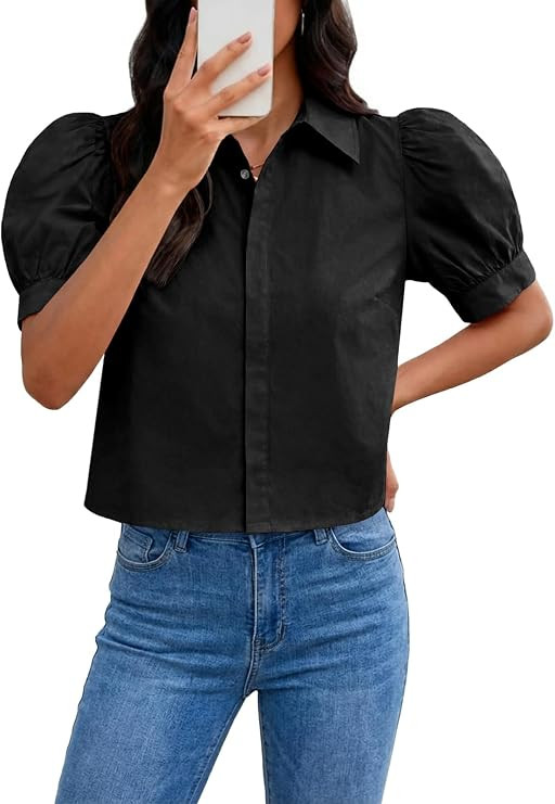 Tankaneo Womens Cropped Button Down Shirts Puff Short Sleeve Cotton Blouse | Collared, Dressy Cas... | Amazon (US)