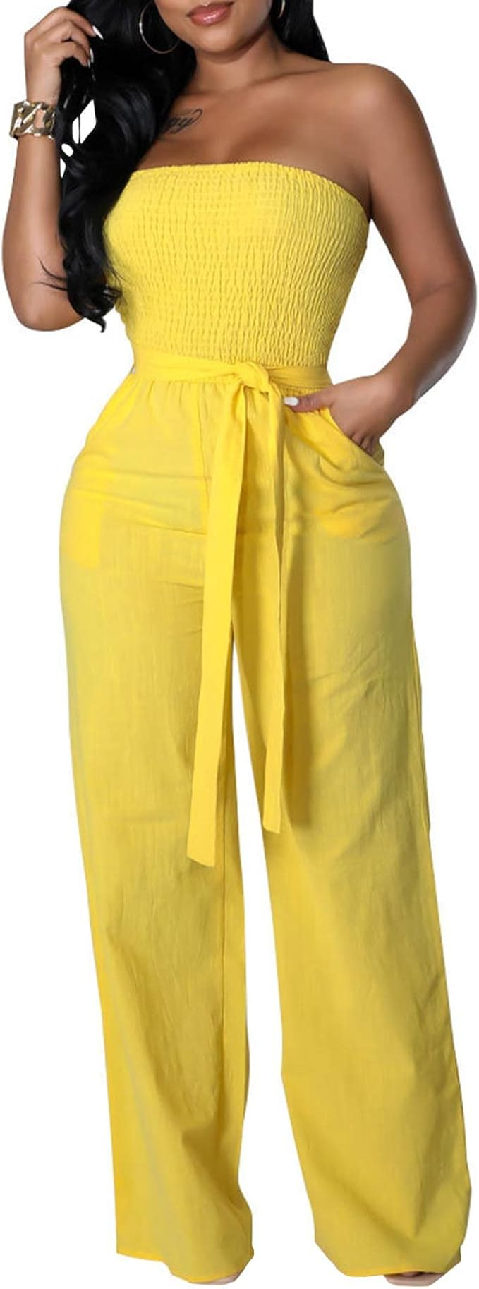 ECDAHICC Women's Strapless Tube Top Rompers Casual Off Shoulder Solid Color Belted Wide Leg Jumps... | Amazon (US)