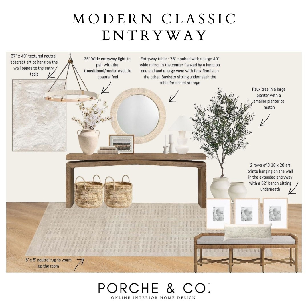 First impressions that last 🤍 This Modern Classic Entryway blends warm textures, timeless furniture, and layered details to create a welcoming, elevated space. Entryway Online Interior Design by Porche & Co.

Do you want to bring our dreamy Modern Classic style interior design into your own home? 🏡 You’re in luck! Reserve our Online Interior Design packages today -> https://porcheandco.com/edesign ✨ We can’t wait to work with you & design your home with #porcheandco

#porcheandco #visionboard #moodboard #interiordesign #virtualdesign #modernclassic #entrywaydesign #onlineinteriordesign #neutralstyle #welcometohome


#LTKStyleTip #LTKOver40 #LTKHome