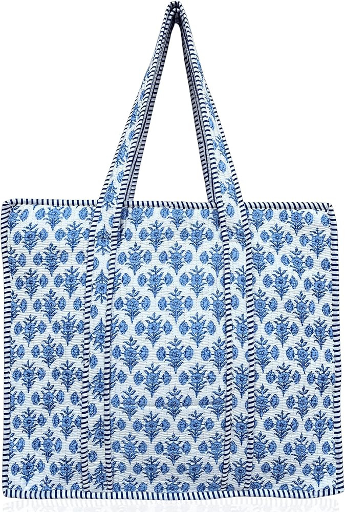 100% Cotton Quilted Tote Bag 18x16– Large Zipper Beach Bag & Travel Bag Green Purse Reusable Gr... | Amazon (US)