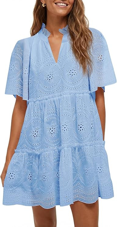 Wenrine Womens Summer Eyelet Dress Short Sleeve Babydoll V Neck Hollow Out Lace Ruffle Casual Bea... | Amazon (US)