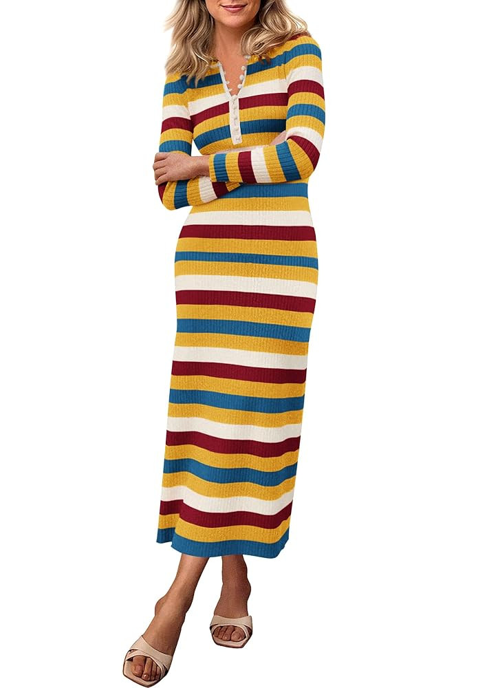 PRETTYGARDEN Women's Striped Spring Midi Sweater Dress Fall Long Sleeve Button Up V Neck Knit Bod... | Amazon (US)