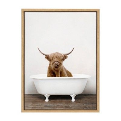 18&#34; x 24&#34; Sylvie Highland Cow in Tub Color Framed Canvas Wall Art by Amy Peterson Natural... | Target