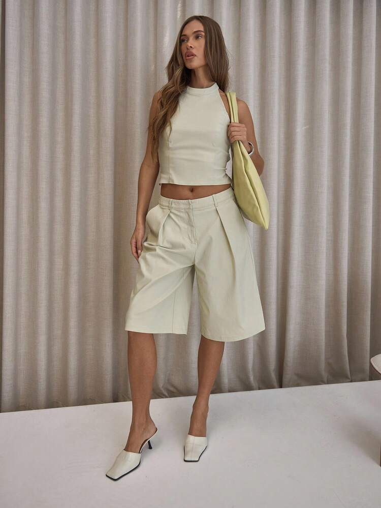 MUSERA Pleated Straight Fit Tailored Longline Shorts Only Classy Sexy Streetwear Night Out Party Elegant Spring Casual Summer Holiday | SHEIN