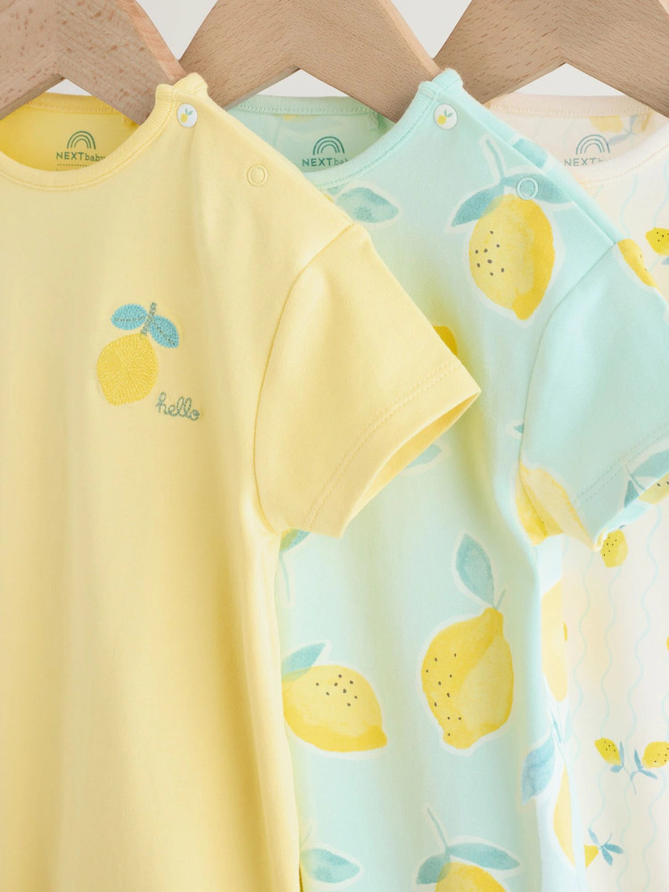 Blue and Yellow Lemon Printed Jersey Baby Rompers 3 Pack | Next US