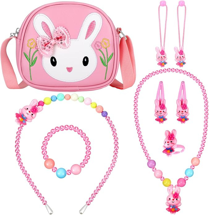 7 Pcs Cute Bunny Purse Jewelry Set Rabbit Handbag with Necklace Bracelet Ring Hair Clip Hair Ties... | Amazon (US)