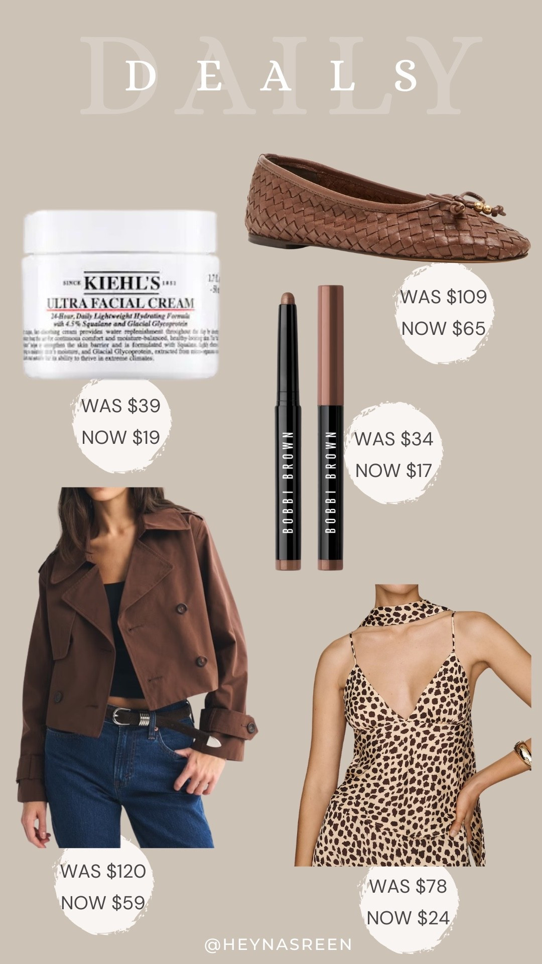 Daily deals on Steve Madden flats, Bobbi Brown eyeshadow sticks, Anthropologie scarf top, Abercrombie jacket, Kiehl’s moisturizer