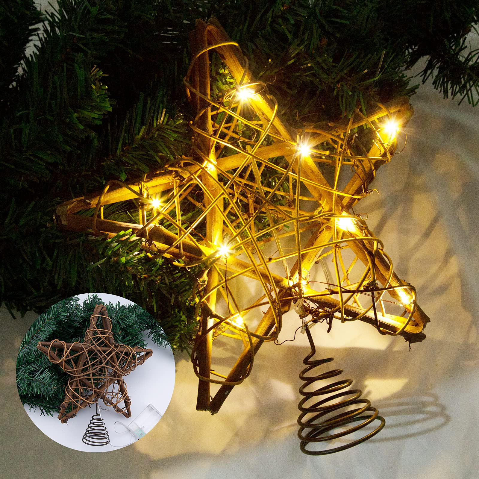 LAWOHO Christmas Tree Topper Star, 10-inch Rustic Brown Rattan Natural with 10 Warm White Lights Three Functions with Timer, Seasonal Decoration for Festive Christmas Home Indoor Ornament | Amazon (US)