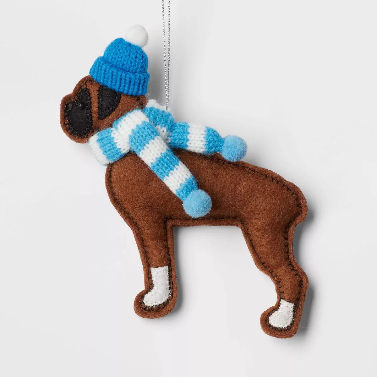 Felt Boxer Dog Wearing Hat and Striped Scarf Christmas Tree Ornament Brown/Blue - Wondershop™ | Target