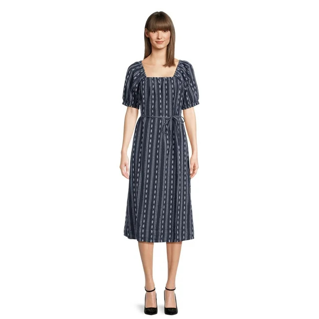 Time and Tru Women's and Women's Plus Square Neck Midi Dress with Belt XS-4X | Walmart (US)