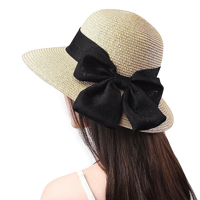 Jogoo Women Sun Beach Hats,Wide Brim Straw Hat,Unique Windproof Strap Design,Fashionable Big Bow... | Amazon (US)