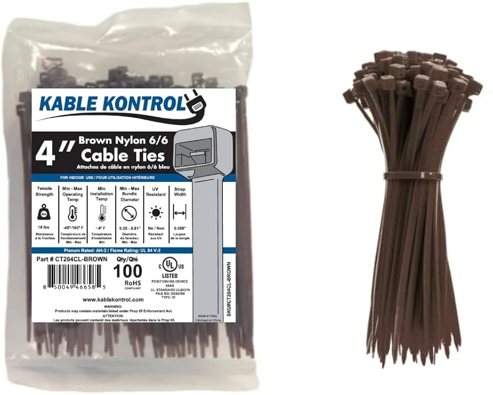 Kable Kontrol Cable Zip Ties, 4 Inch, 100 Pcs, 18lbs Test, Brown | Amazon (US)