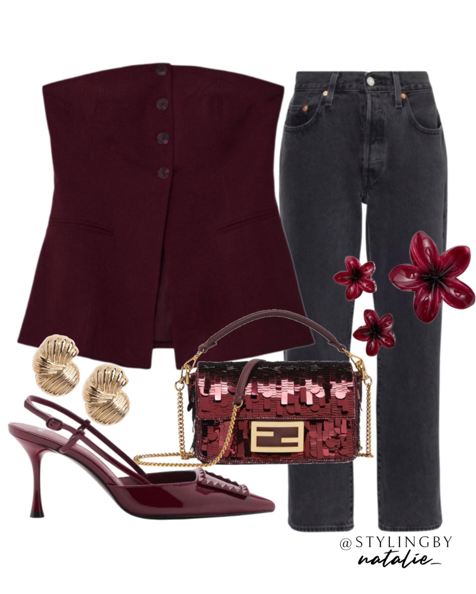 Burgundy bandea top with slit and buttons, black jeans, burgundy slingback heels, flower hair clips and gold earrings. Sequin fendi bag *not linked but available on fendi site.
Going out outfit, autumn style, party wear, date night outfit.

#LTKautumn #LTKstyletip #LTKpartywear