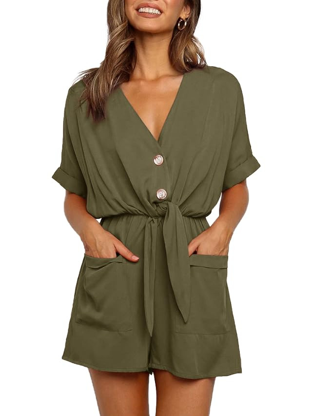 Ivay Womens V Neck Button Rompers Knot Tie Short Sleeve Sexy Loose Playsuit Jumpsuit with Pockets | Amazon (US)
