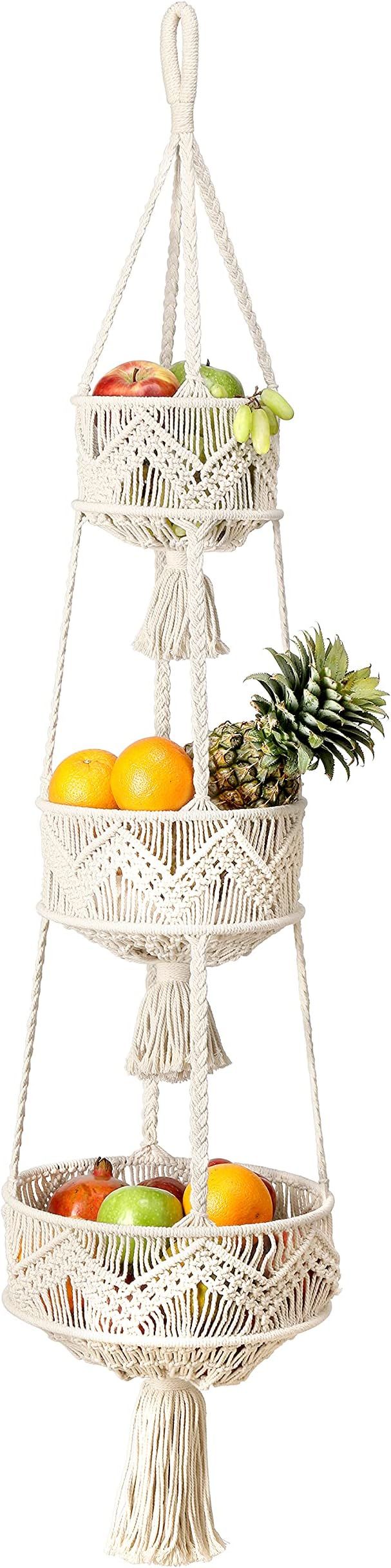 Folkulture 3 Tier Hanging Fruit Basket for Kitchen, Macrame Hanging Basket for Fruit and Vegetabl... | Amazon (US)