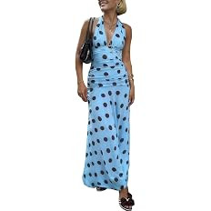 Alyweatry Women Polka Dot Halter Maxi Dress Y2k Sleeveless Deep V Neck Flowy Summer Vacation Beac... | Amazon (US)