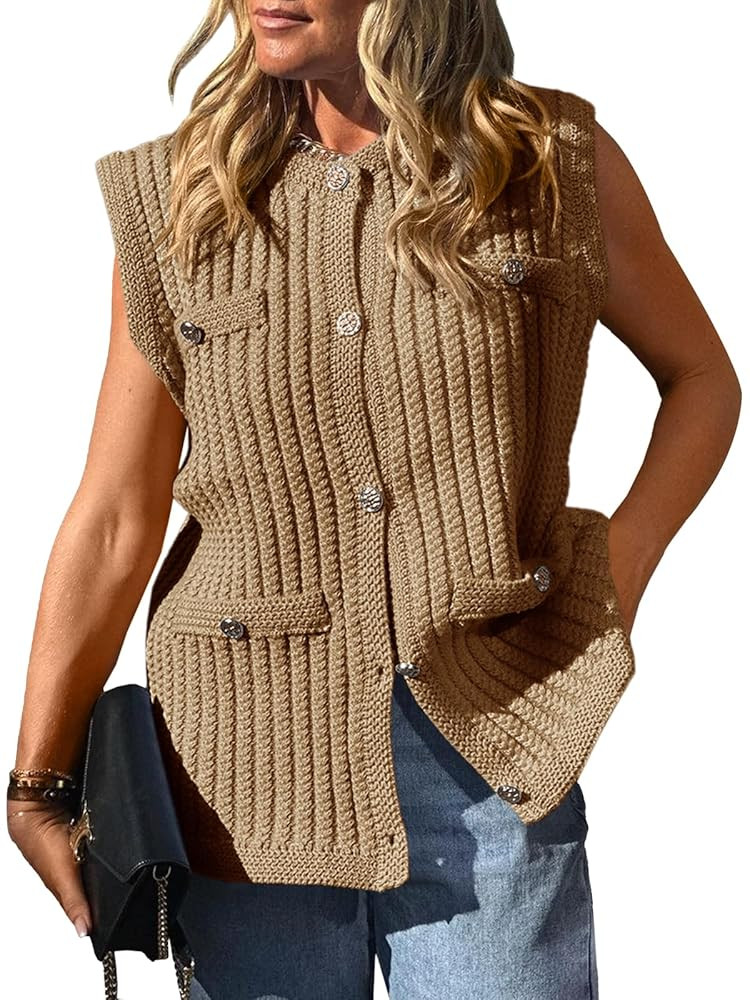 Saodimallsu Womens Sleeveless Sweater Vest Button Up Cable Knit Crew Neck Trendy Casual Loose Sum... | Amazon (US)