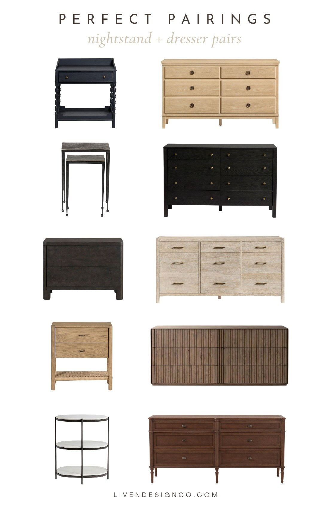 Nightstand and dresser pairings. Black dresser. Black nightstand. Bedroom furniture. Natural wood dresser. Traditional nightstand. Modern dresser. Turned wood legs. Marble nightstand 

#LTKSeasonal #LTKHome #LTKSaleAlert