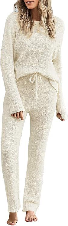 luvamia Women's Casual Fuzzy Fleece Knitted Pajama Set Two Pieces Long Pj Sets Loungewear Sleepwe... | Amazon (US)