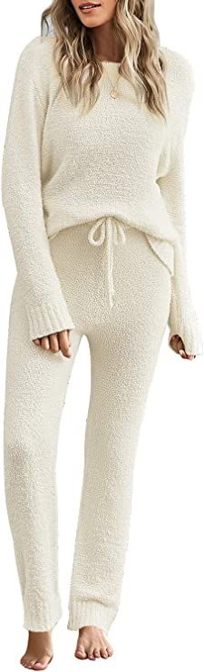 luvamia Women's Casual Pajama Set Fuzzy Fleece Knitted Long Sleeve Pj Loungewear | Amazon (US)