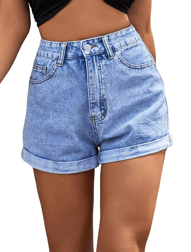 SweatyRocks Women's High Rise Roll Up Hem Straight Leg Denim Jean Shorts with Pocket | Amazon (US)