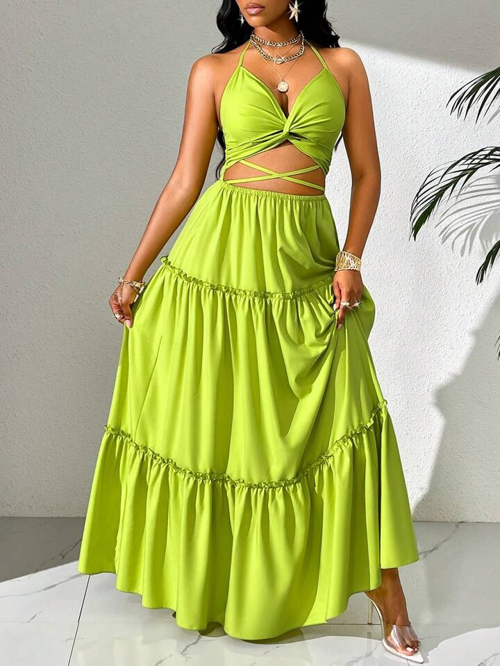BamGleam Vestido de vacaciones con cuello halter y espalda descubierta | SHEIN