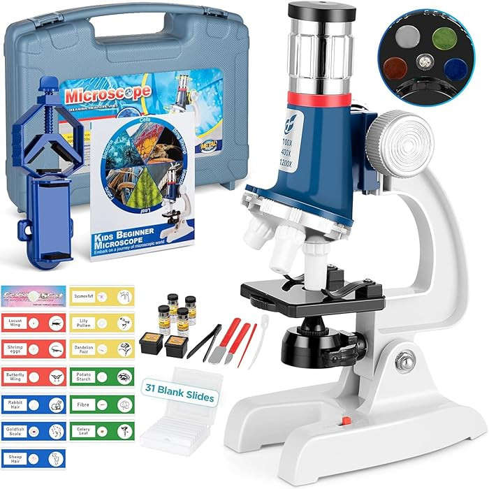 58-Piece Kids Microscope Kit - 100X-1200X Magnification Metal Microscope with LED Light & Slides,... | Amazon (US)