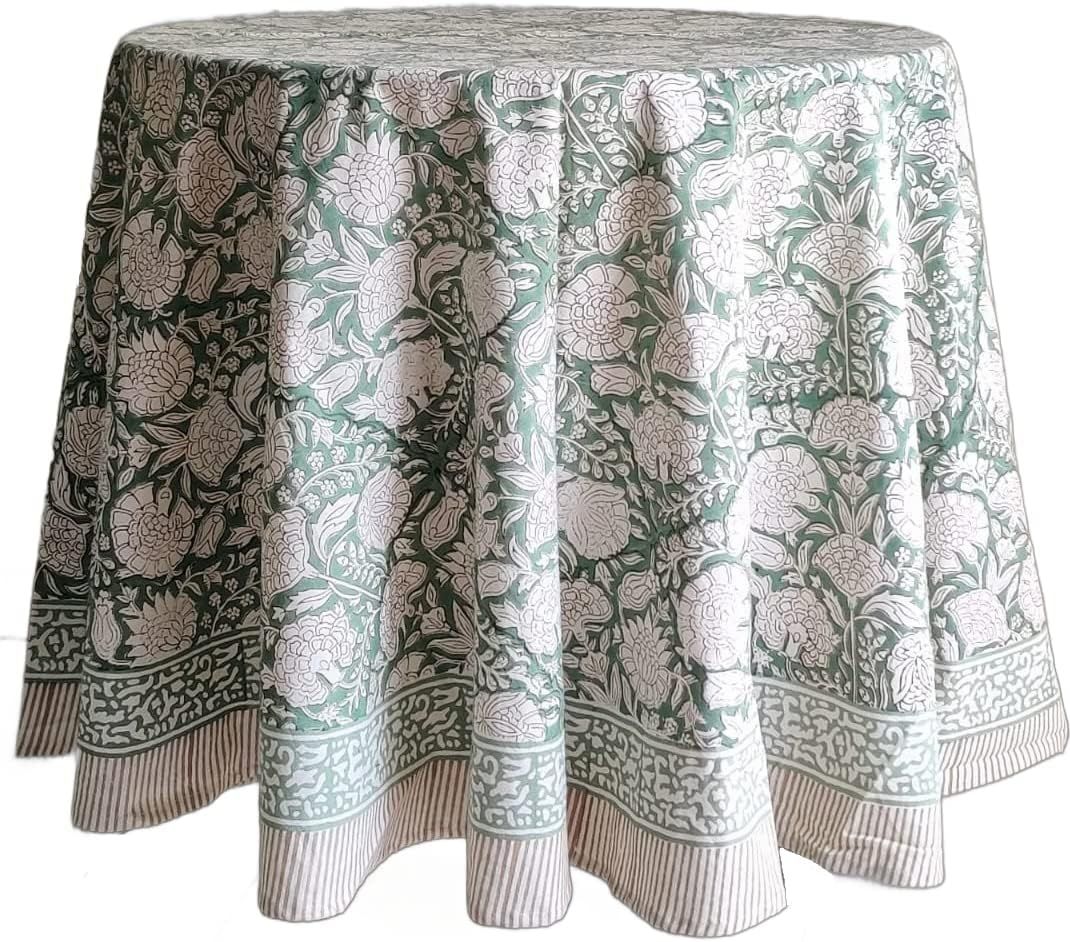 ATOSII 'Jade'100% Cotton Canvas Boho Round Tablecloth, Handblock Print Floral Table Cloth I Dinin... | Amazon (US)