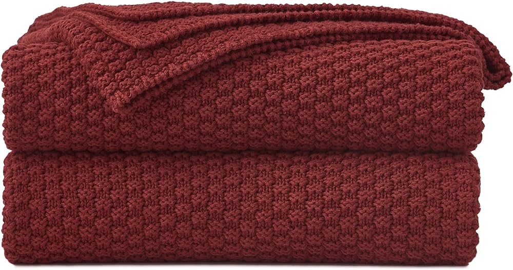 Longhui bedding Wine Red Knitted Throw Blanket for Couch, Cozy Machine Washable 100% Cotton Sofa ... | Amazon (US)