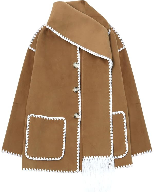 SeekMe Womens Embroidered Scarf Jacket Oversized Wool Blend Coat Button Down Winter Outerwear wit... | Amazon (US)