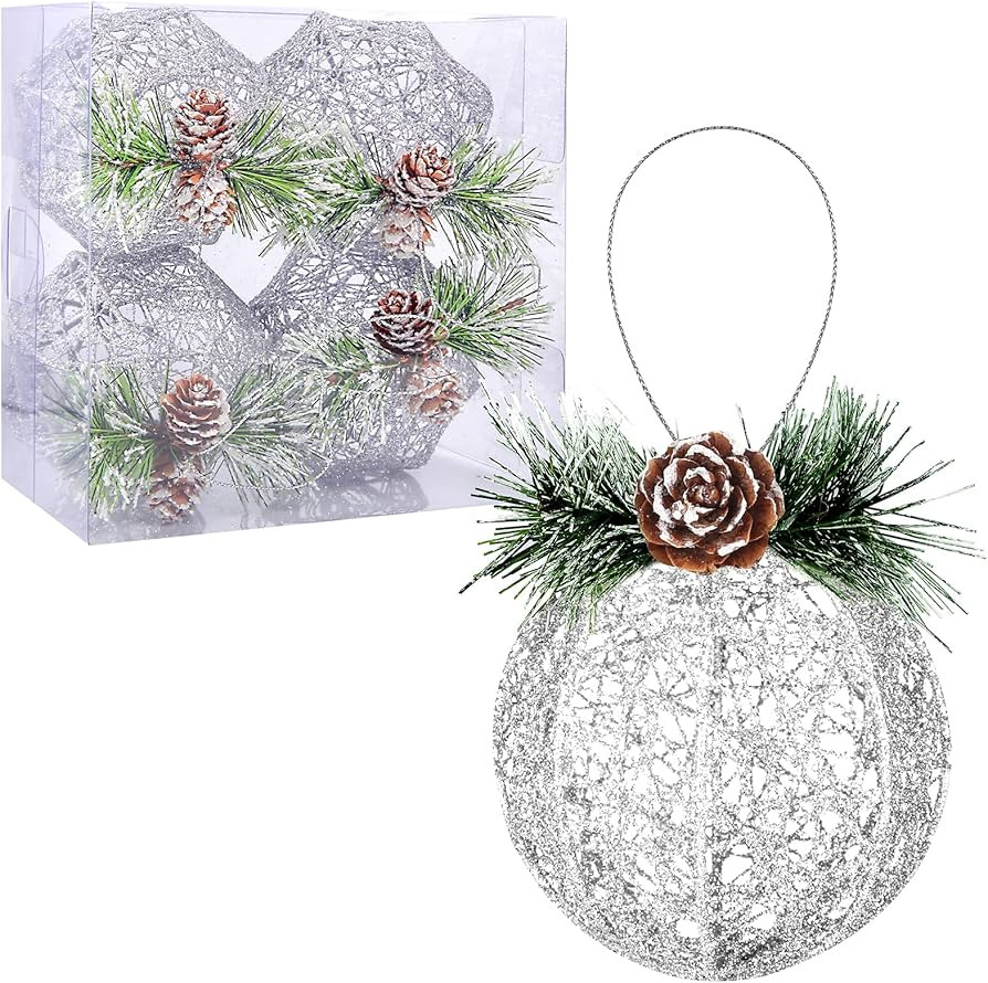 Christmas Ball Ornaments, 4pc Set Silver Pinecone Rattan Thread String Christmas Tree Ornament Xm... | Amazon (US)