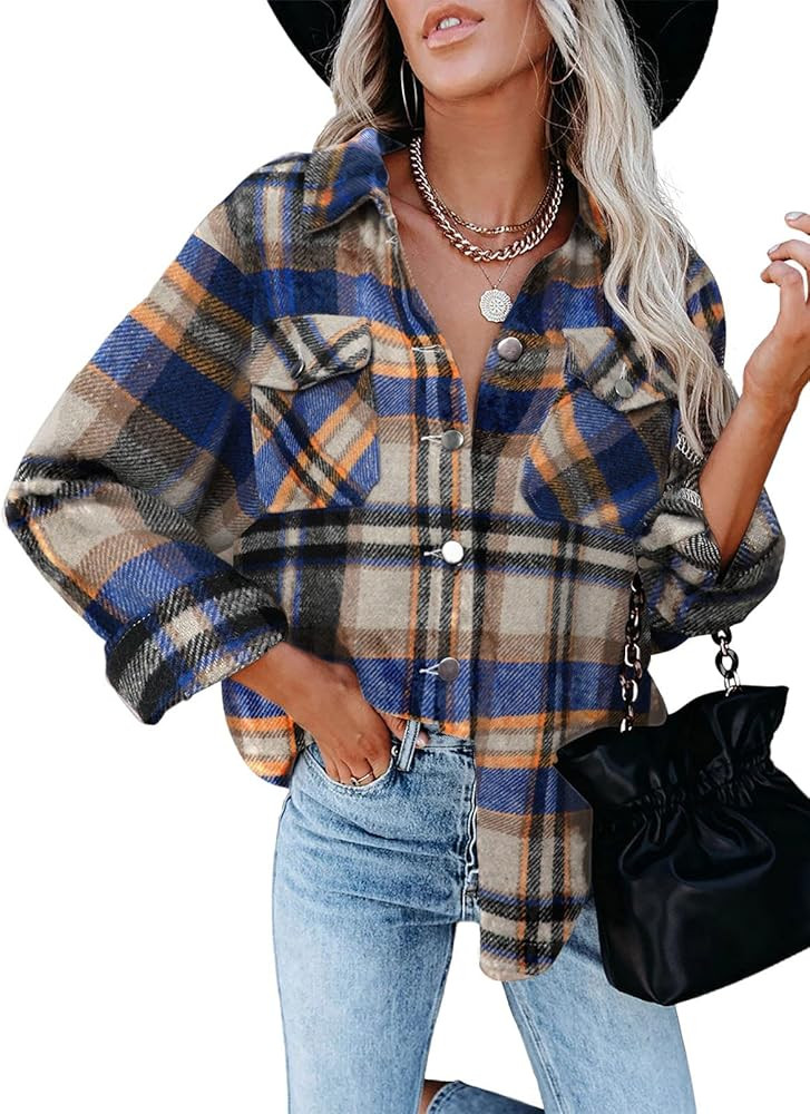 ZOLUCKY Womens Button Down Shirts Casual Long Sleeve Jacket Shacket Boyfriend Blouses Tops | Amazon (US)