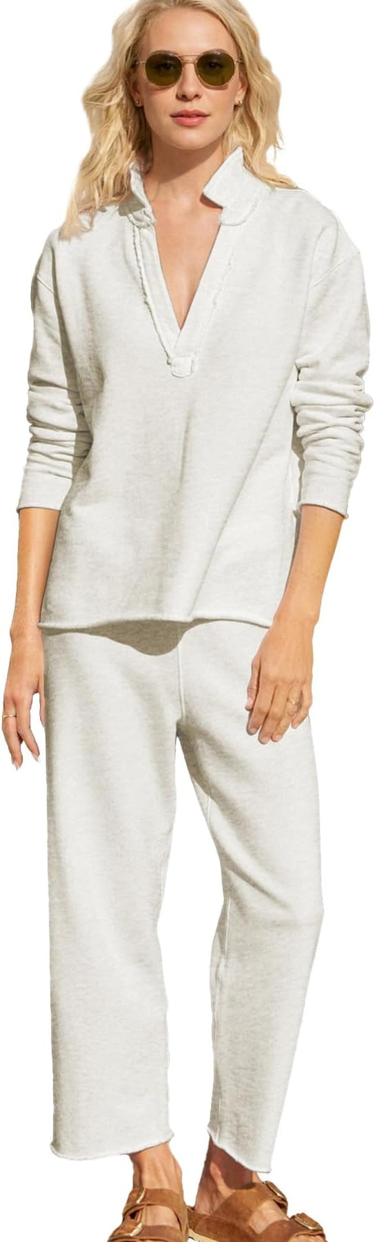 Ainangua Casual 2 Piece Sets for Women V Neck Long Sleeve Tops Wide Leg Pants Workout Outfits Fas... | Amazon (US)