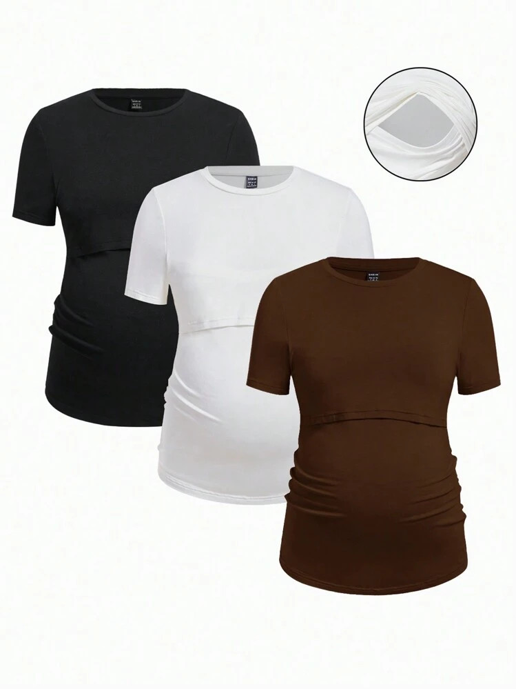 SHEIN Modmama Camiseta de lactancia de unicolor para embarazadas, de moda minimalista y casual pa... | SHEIN