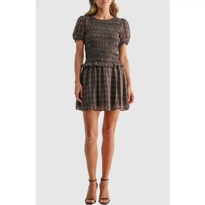 All in Favor Puff Sleeve Smocked Minidress in Brown Plaid at Nordstrom, Size Large | Nordstrom