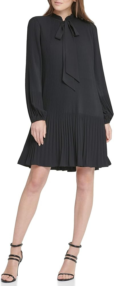 DKNY Women's Long Sleeve Tie Neck Pleated Dress | Amazon (US)