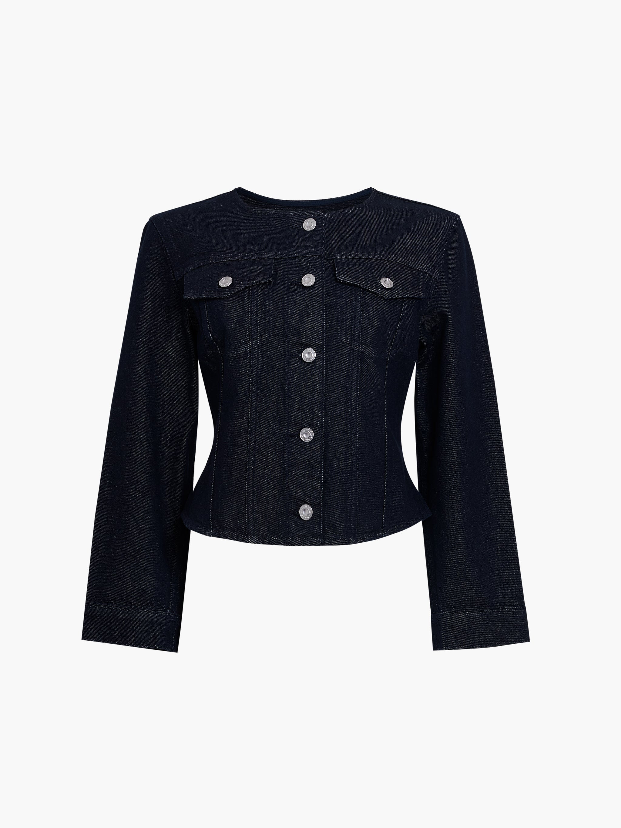 Misa Dark Wash Blue Fitted Collarless Denim Jacket | French Connection (UK)