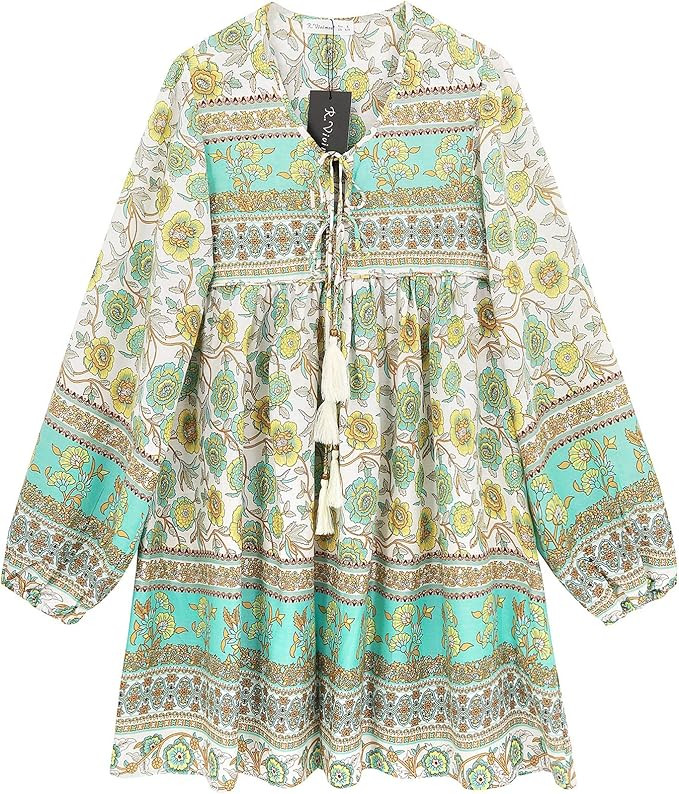 R.Vivimos Womens Long Sleeve Floral Casual Print Cotton Mini Tunic Dress | Amazon (US)