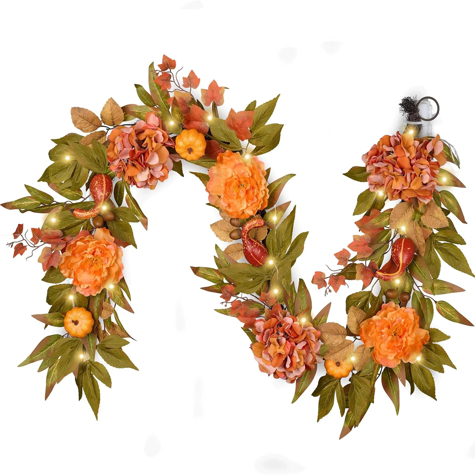 Fall Garland with LED Lights 6ft, Harvest Floral Garland Featuring Pumpkins Peony Hydrangea, Thanksgiving Home Decor for Mantle, Window, Indoor Outdoo | Wayfair North America